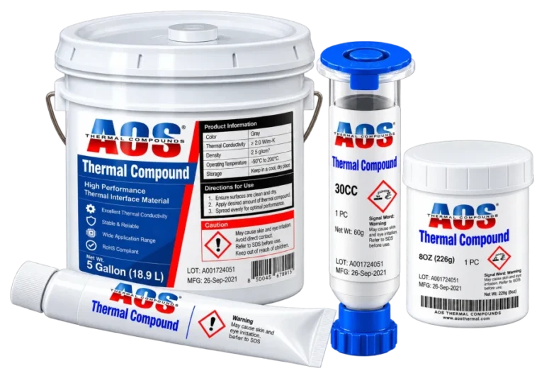 AOS packaging range: 5 gallon pail, 30cc syringe, 8oz jar and tube