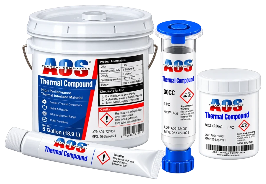 AOS packaging range: 5 gallon pail, 30cc syringe, 8oz jar and tube